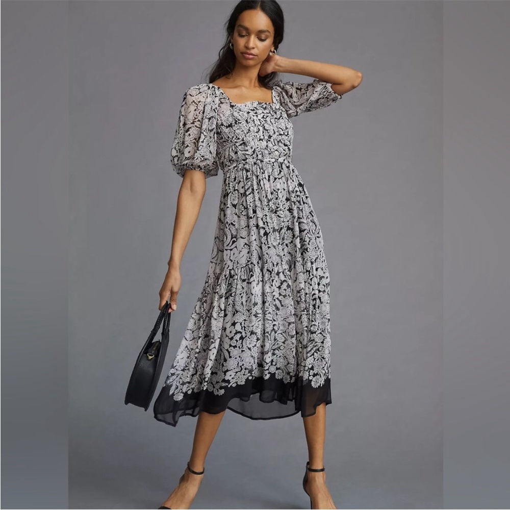 Anthropologie black white purple floral open back maxi dress Extra Small XS NWT
